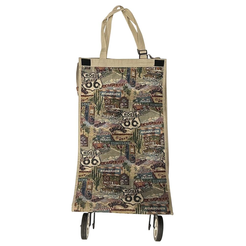 Vintage Jade Route 66 Americana Collapsible Rolling Tapestry Tote Bag w/Zipper